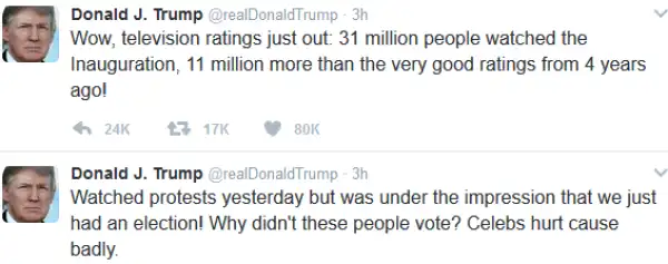 Donald Trump lashes out at the 2.5mpeople who marched against him and the celebs who joined them